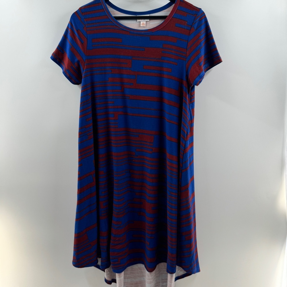 🧸 LuLaRoe Carly Swing Dress Short Sleeve Blue & Red Print Size XS